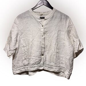 Eileen Fisher Linen Cropped Button Shirt Size L Crochet Trim Prairie Coquette